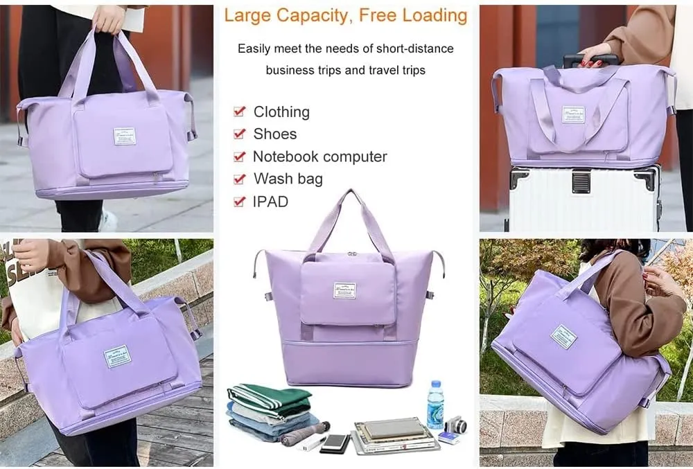 Large Capacity Folding Travel Bag, Foldable Travel Duffel Bag, Dry and Wet Separation Sports Portable Shoulder Bag, Lightweight Waterproof Carry Luggage Bag for Travel, Sports and Gym (Light Purple)