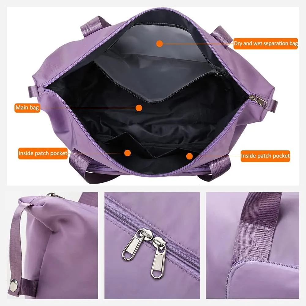 Large Capacity Folding Travel Bag, Foldable Travel Duffel Bag, Dry and Wet Separation Sports Portable Shoulder Bag, Lightweight Waterproof Carry Luggage Bag for Travel, Sports and Gym (Light Purple)