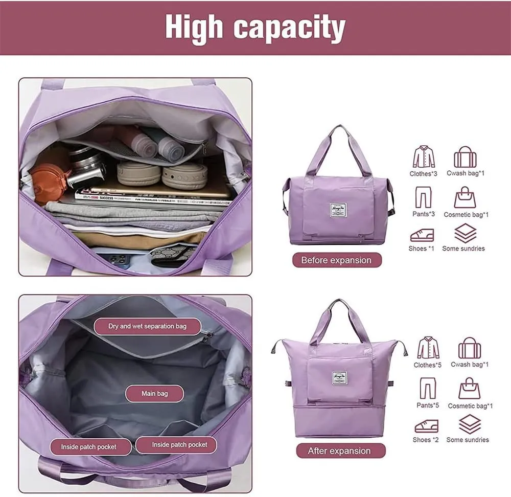 Large Capacity Folding Travel Bag, Foldable Travel Duffel Bag, Dry and Wet Separation Sports Portable Shoulder Bag, Lightweight Waterproof Carry Luggage Bag for Travel, Sports and Gym (Light Purple)