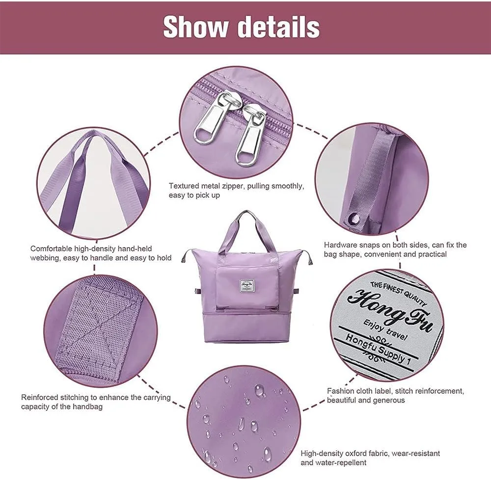 Large Capacity Folding Travel Bag, Foldable Travel Duffel Bag, Dry and Wet Separation Sports Portable Shoulder Bag, Lightweight Waterproof Carry Luggage Bag for Travel, Sports and Gym (Light Purple)