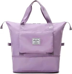Large Capacity Folding Travel Bag, Foldable Travel Duffel Bag, Dry and Wet Separation Sports Portable Shoulder Bag, Lightweight Waterproof Carry Luggage Bag for Travel, Sports and Gym (Light Purple)