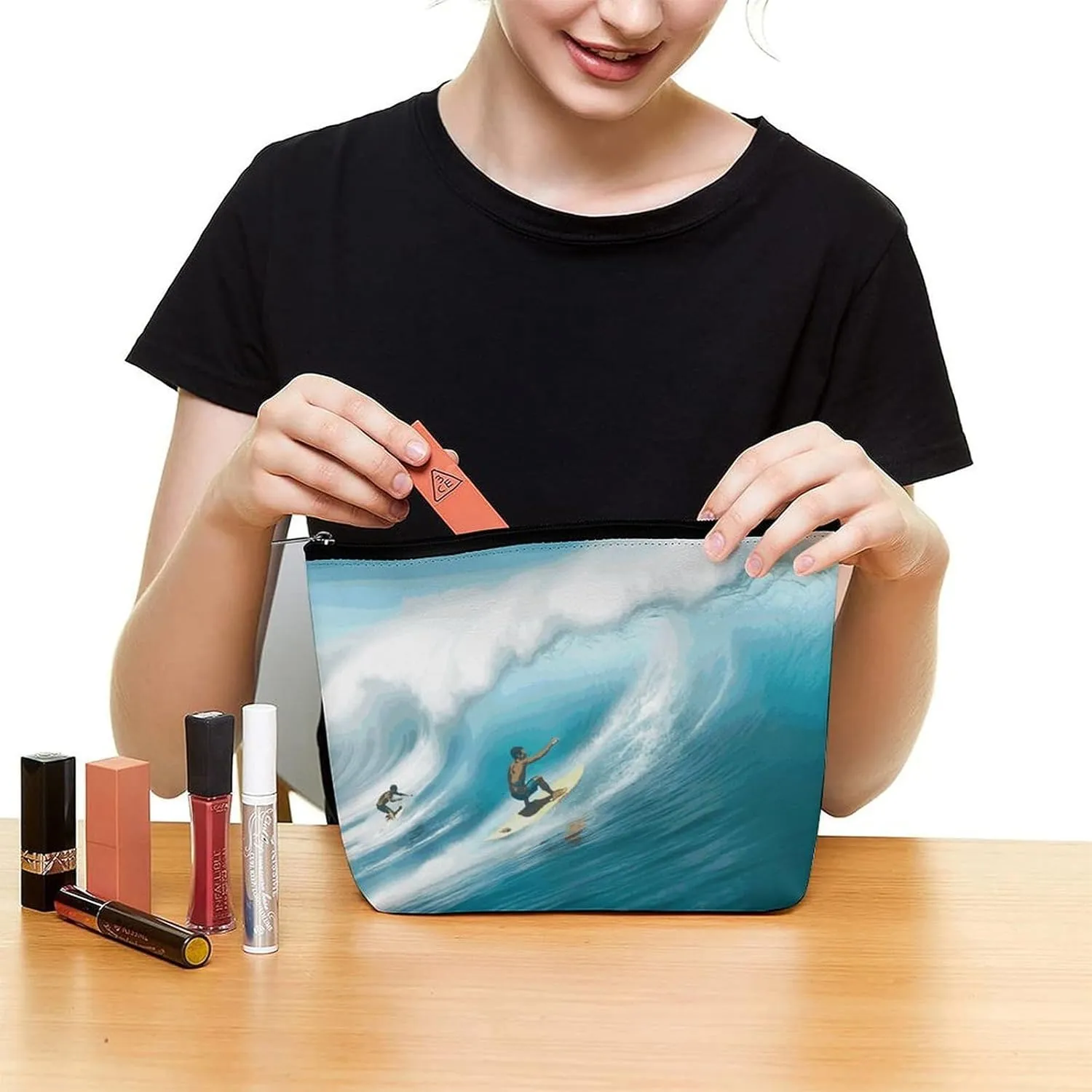 Large Capacity Makeup Bags for Women Portable Leather with Zipper Travelling Makeup Bag Surfing Printed