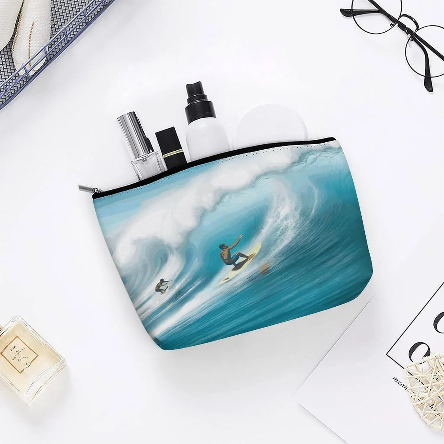 Large Capacity Makeup Bags for Women Portable Leather with Zipper Travelling Makeup Bag Surfing Printed