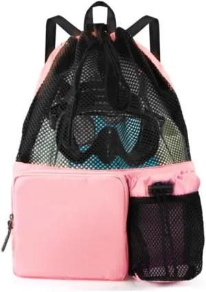 Large Capacity Mesh Swim Backpack with Pocket Drawstring, Waterproof Beach Bag for Swimming, Gym, and Workout Gear (Pink)