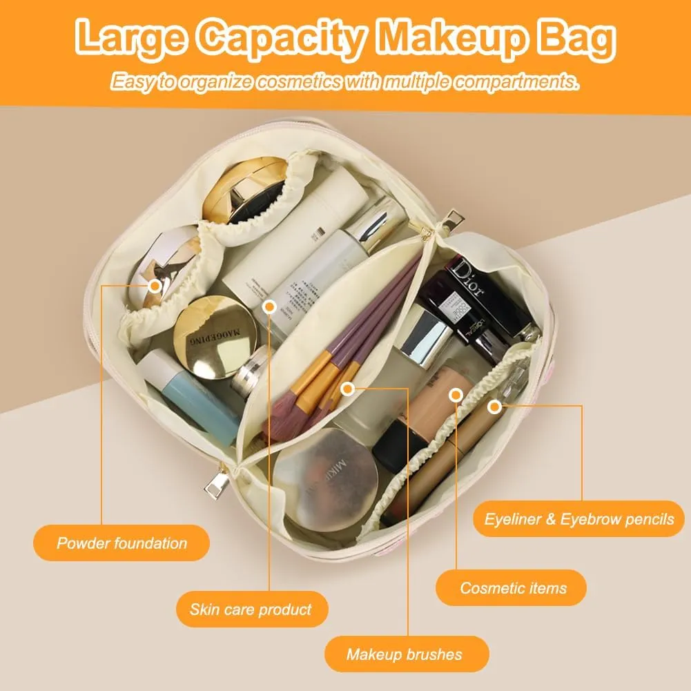 Large Capacity Skincare Bag, Chenille Letter Preppy Makeup Bag, PU Leather Large Capacity Travel Cosmetic Bag with Divider and Handle, Gift for Women