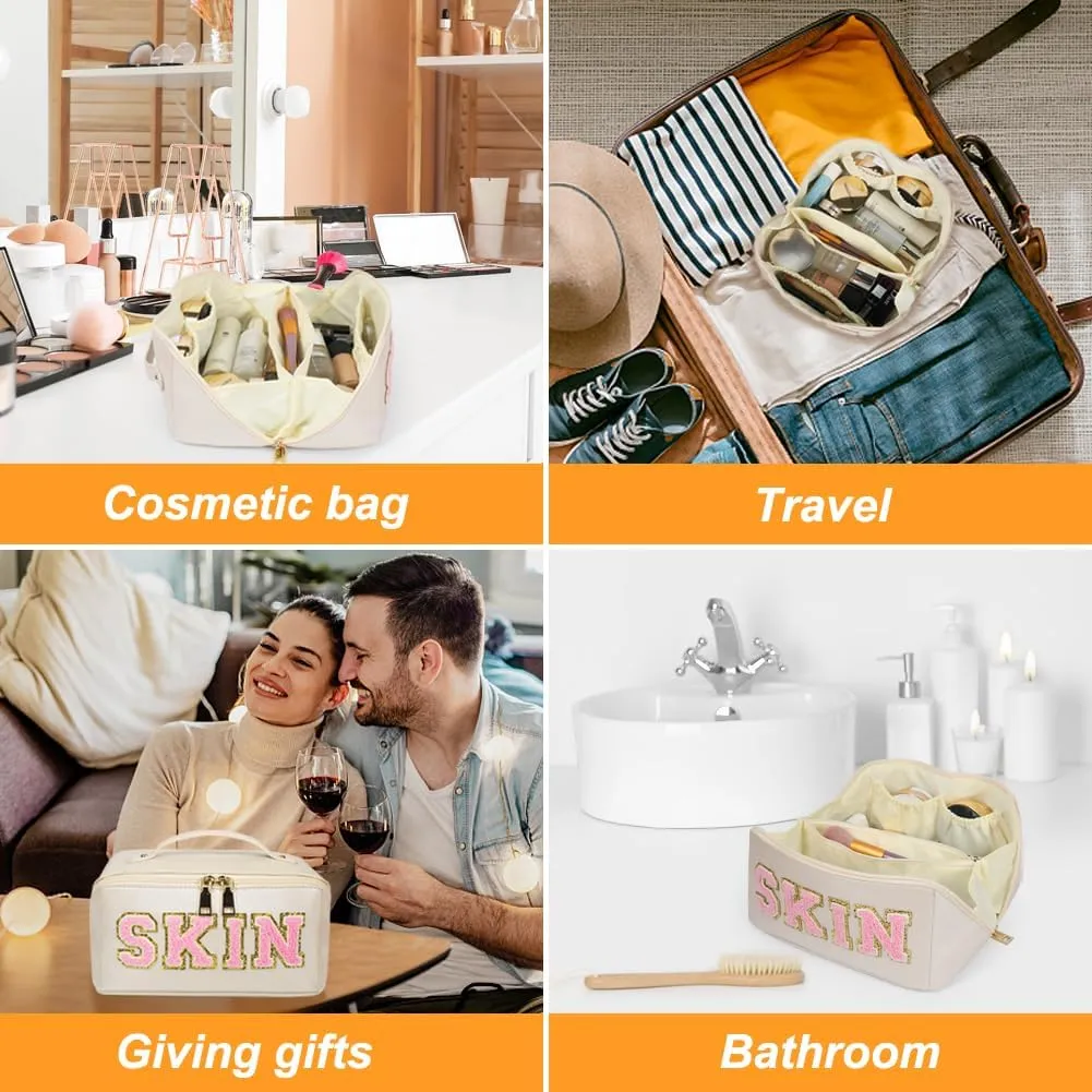 Large Capacity Skincare Bag, Chenille Letter Preppy Makeup Bag, PU Leather Large Capacity Travel Cosmetic Bag with Divider and Handle, Gift for Women