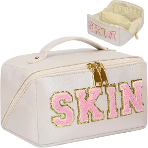 Large Capacity Skincare Bag, Chenille Letter Preppy Makeup Bag, PU Leather Large Capacity Travel Cosmetic Bag with Divider and Handle, Gift for Women