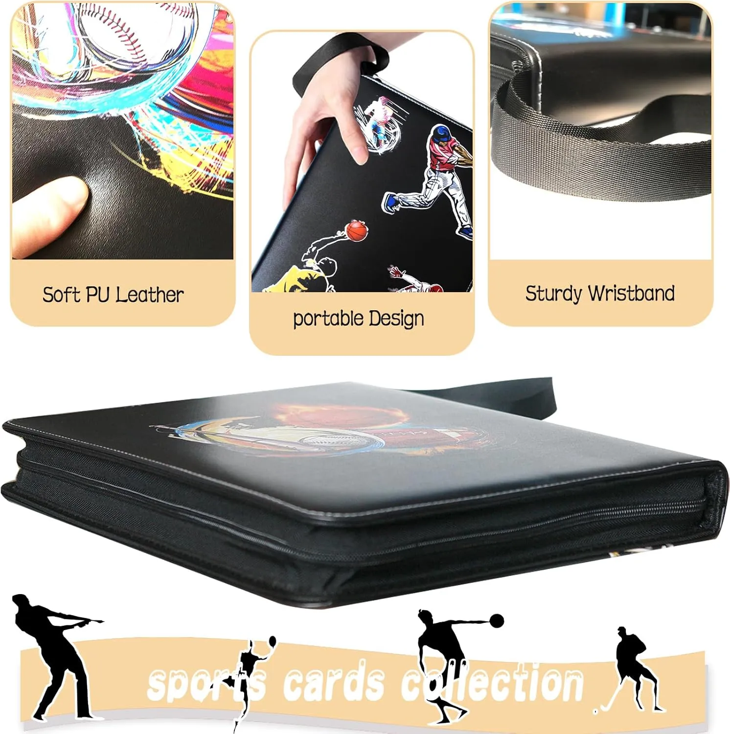 Large Capacity Sports Card Binder with Zipper, 9 Pocket, Fits 900 Cards, Waterproof, Durable PU Leather Exterior