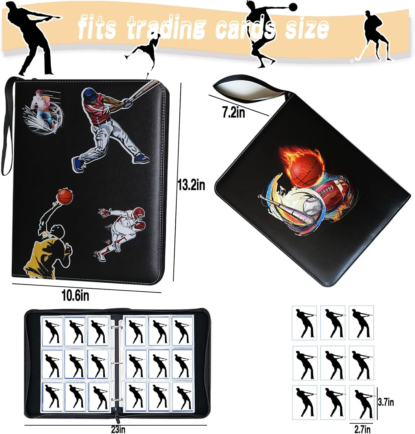 Large Capacity Sports Card Binder with Zipper, 9 Pocket, Fits 900 Cards, Waterproof, Durable PU Leather Exterior