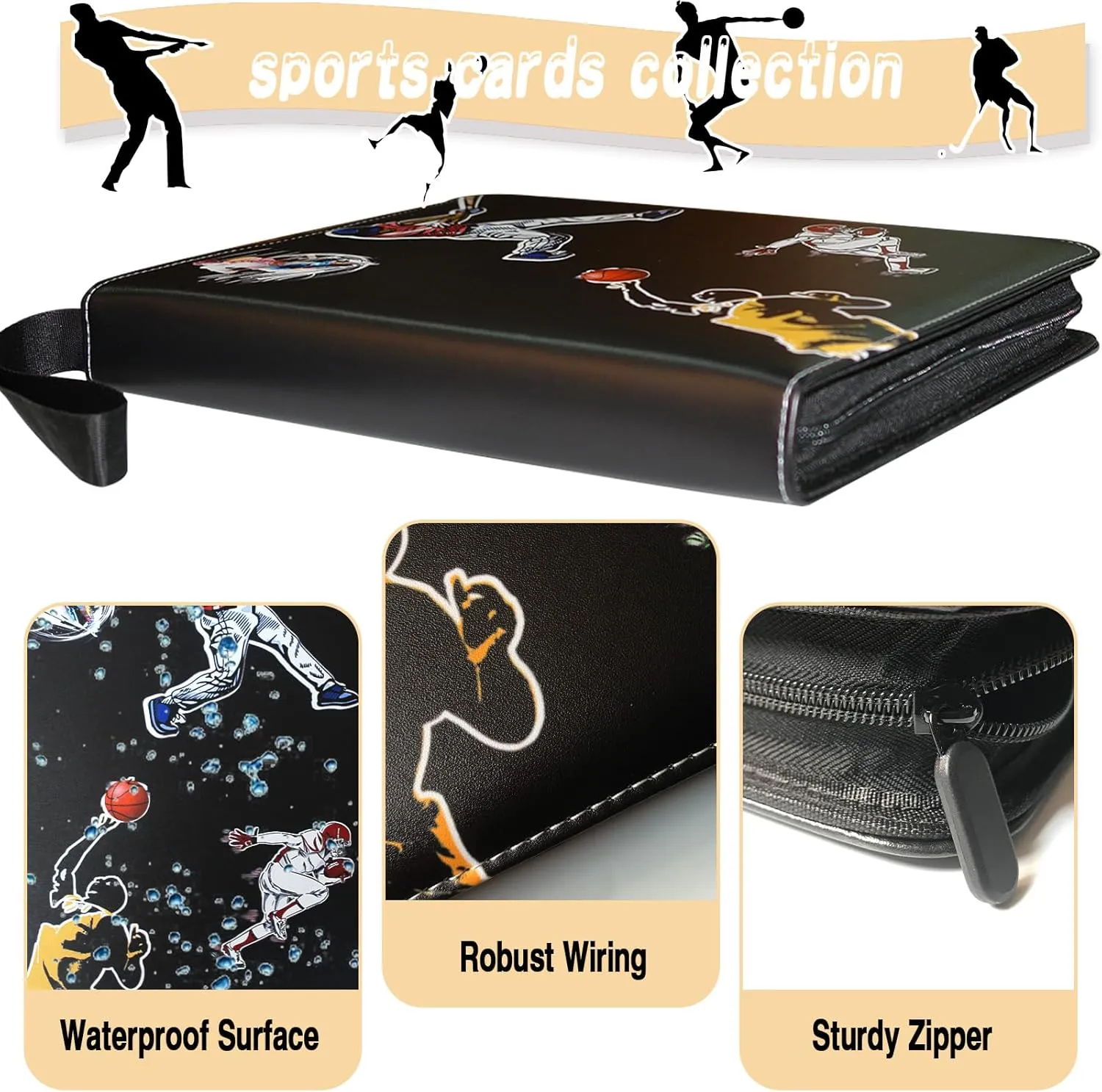 Large Capacity Sports Card Binder with Zipper, 9 Pocket, Fits 900 Cards, Waterproof, Durable PU Leather Exterior