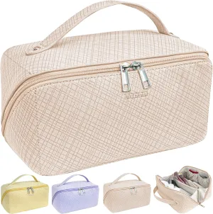 Large Capacity Travel Cosmetic Bag for Women,Portable Makeup Bag, New Popular PU Leather Waterproof Cosmetic Bag,Travel Makeup Bag With Handle and Divider Makeup Organizer Bag (Pink)