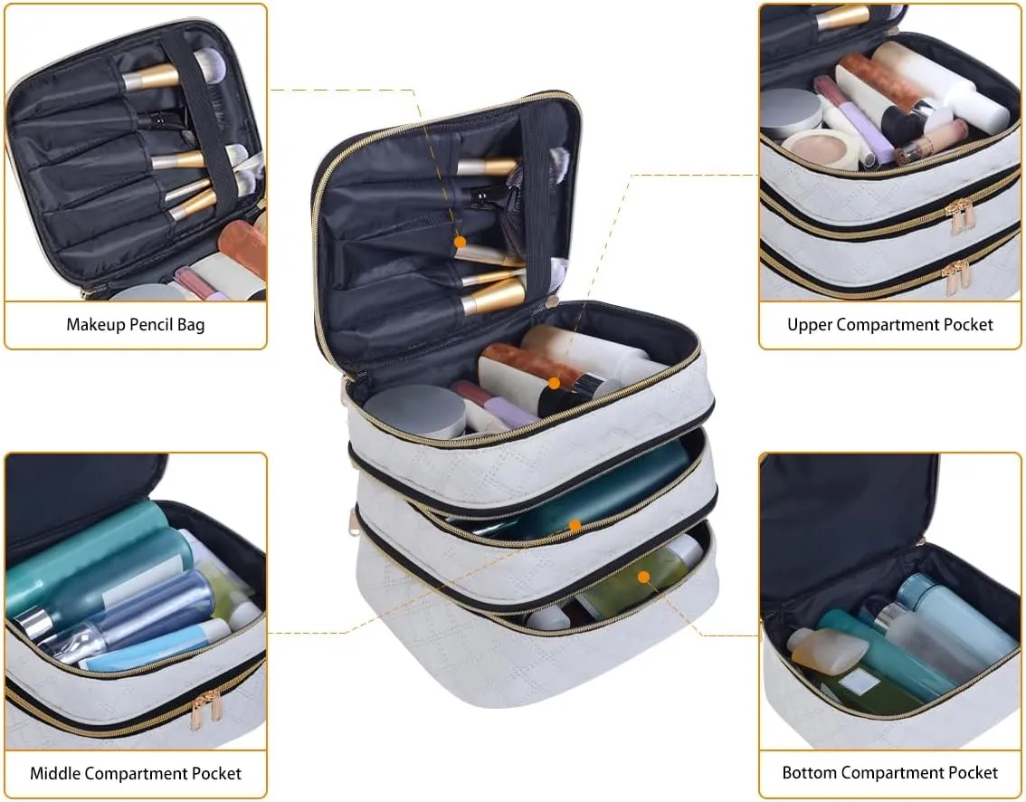 Large Makeup Bag 3 Layers with Handle Travel Makeup Bag Organizer Toiletry Accessories Bottles, Brushes, and Skin Care Products (Beige)