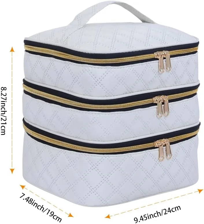 Large Makeup Bag 3 Layers with Handle Travel Makeup Bag Organizer Toiletry Accessories Bottles, Brushes, and Skin Care Products (Beige)