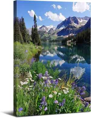 Large Mountain Wall Art for Living Room Purple Flowers Wall Decor Nature Forest Canvas Prints Colorado National Park Landscape Pictures Lake Reflection Painting Artwork Bedroom Home Decoration 32x48"