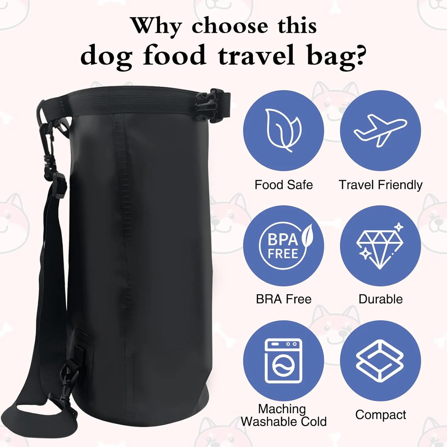 Large Pet Travel Bag - 15L Waterproof Portable Food Storage with Shoulder Strap for Camping Hiking - Black
