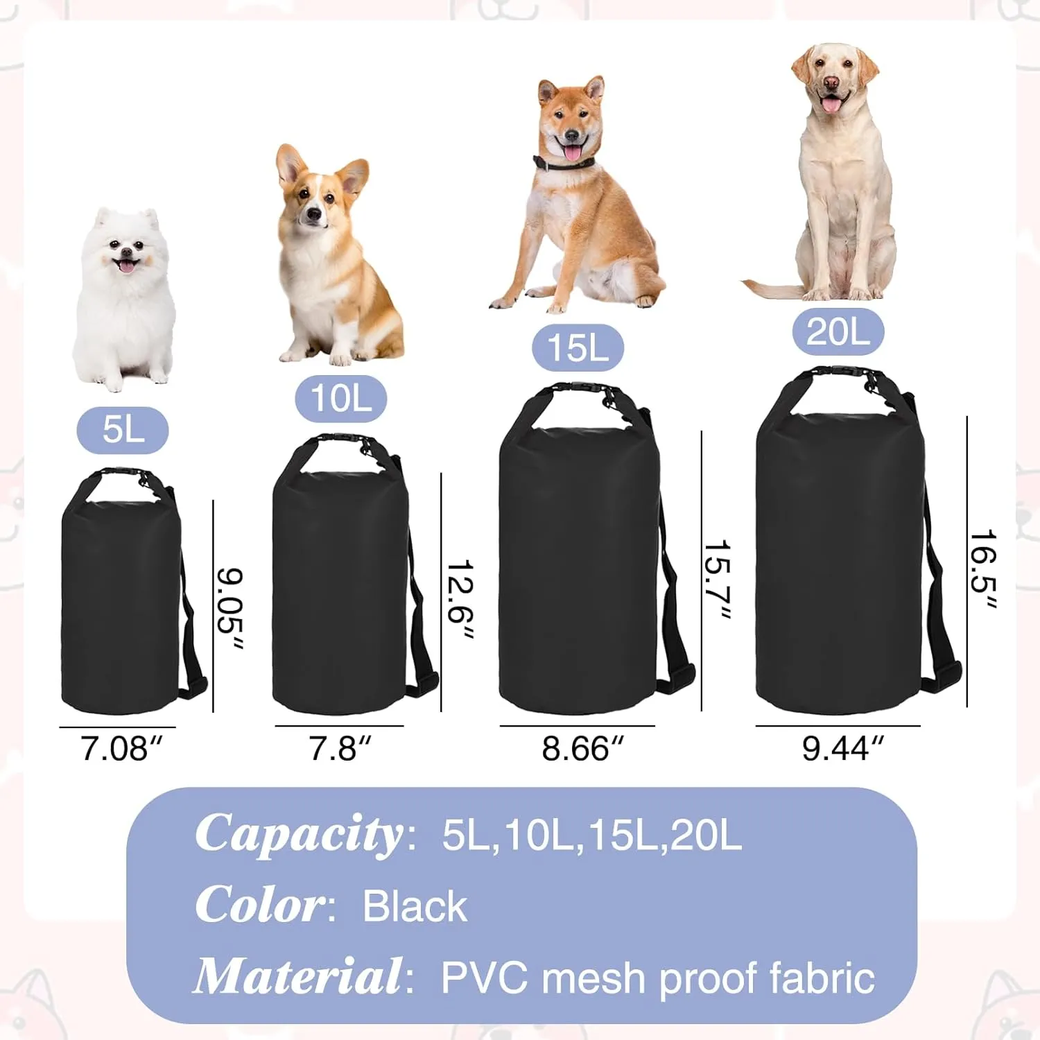 Large Pet Travel Bag - 15L Waterproof Portable Food Storage with Shoulder Strap for Camping Hiking - Black