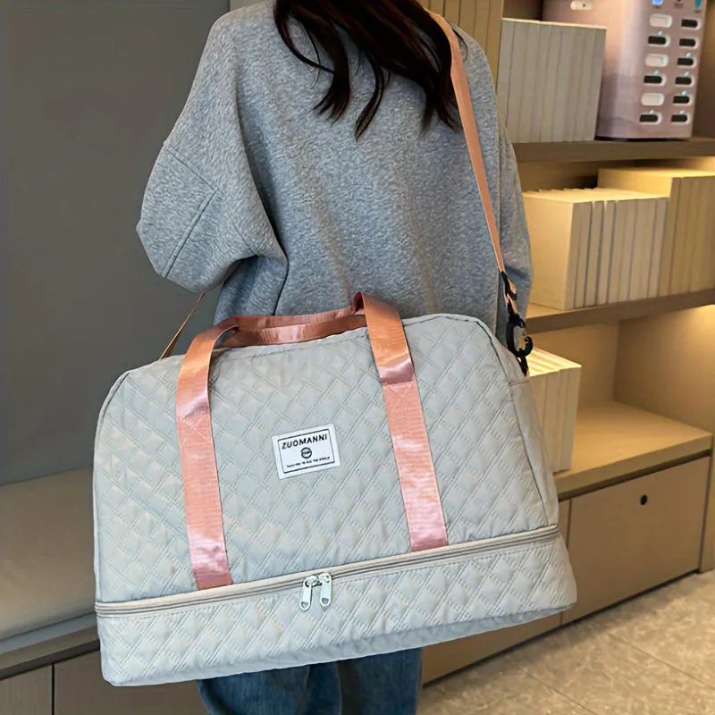 Large Quilted Duffel Bag – Travel Tote with Shoe & Wet/Dry Compartments