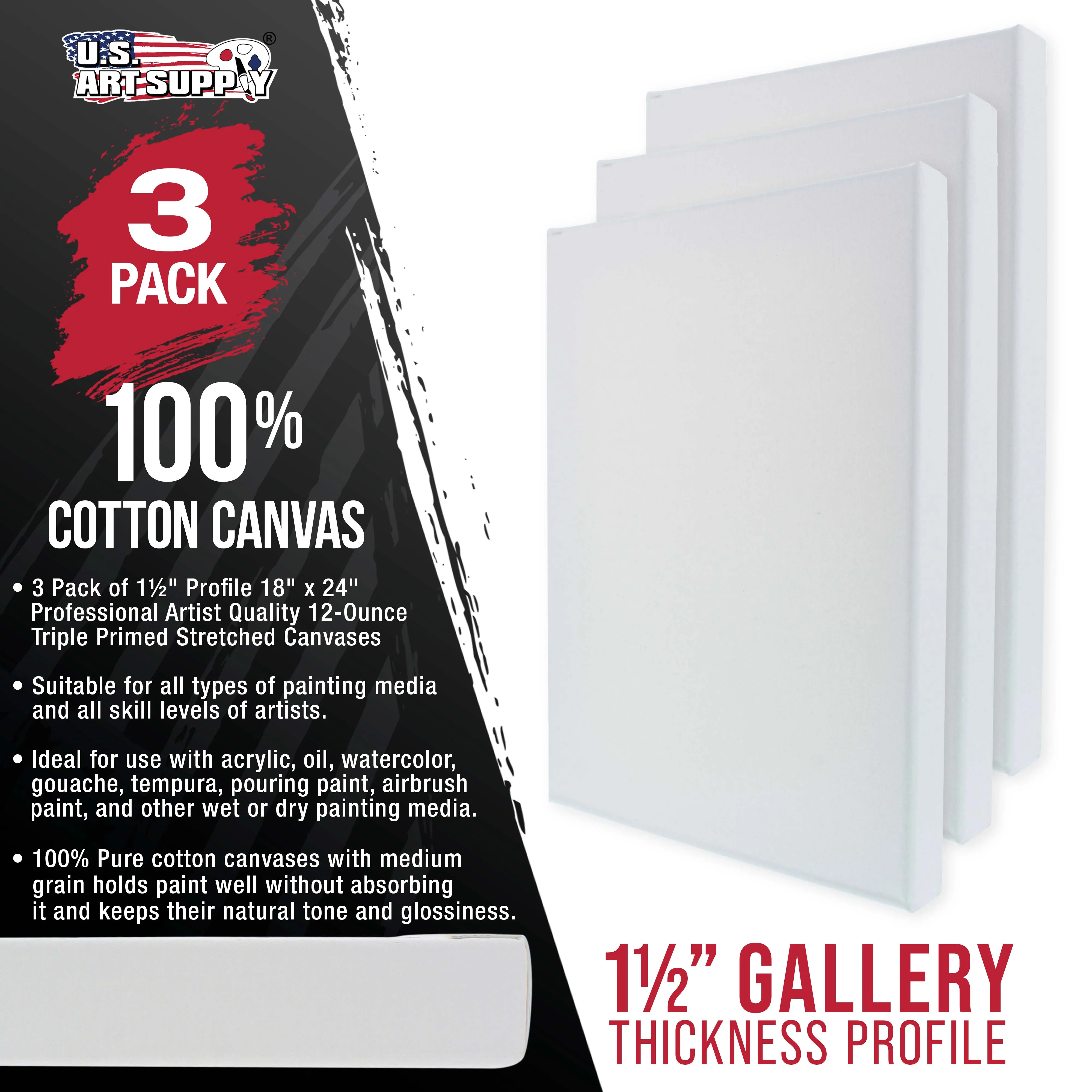Large Stretched Canvas for Painting 18x24 inch Gallery Depth 1-1/2" Thick, 3-Pack - 12oz Acrylic Gesso Triple Primed, Professional Artist Quality, 100% Cotton - Oil, Pouring Paint