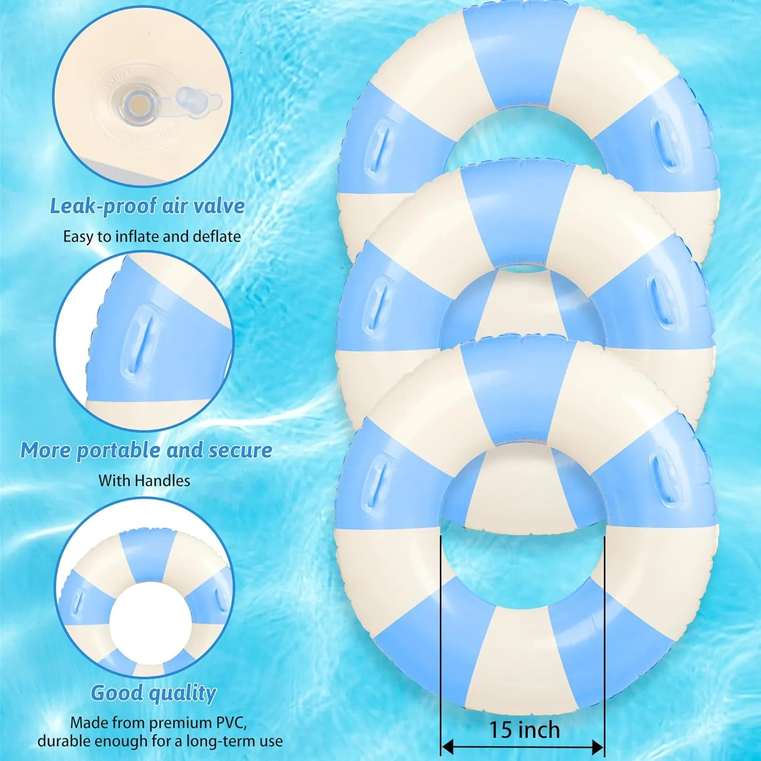 Large Swim Ring with Handles for Adults 35 Inch Swimming Ring Classic Striped Pool Floats Inflatable Tube for Summer Pool Beach Bachelorette Wedding Party Decor