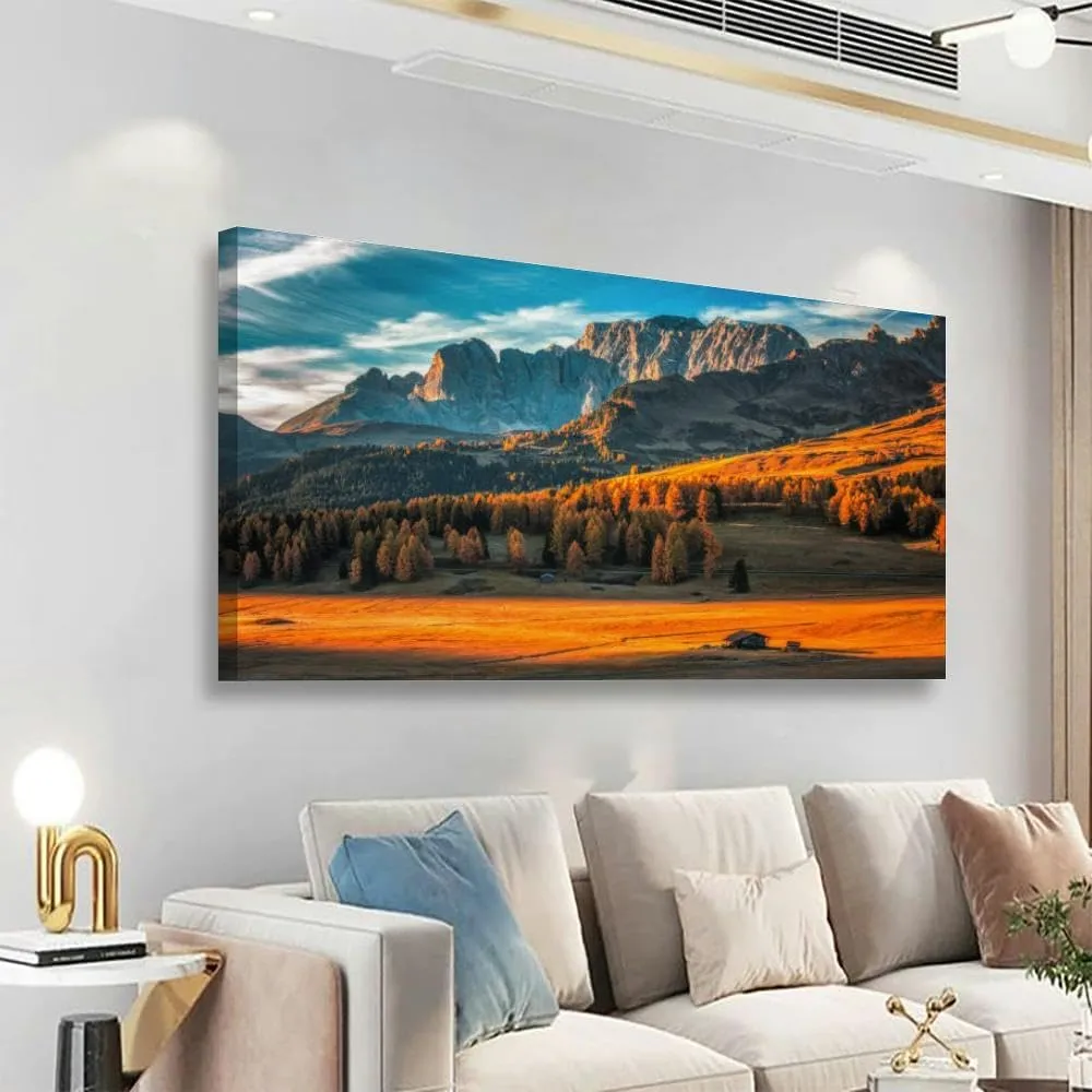 Large Wall Art Decor for Living Room Bedroom Bathroom Canvas Wall Art Framed Aerial autumn sunrise scenery yellow larches and small alpine Prints Artwork Painting Pictures Kitchen 24x48
