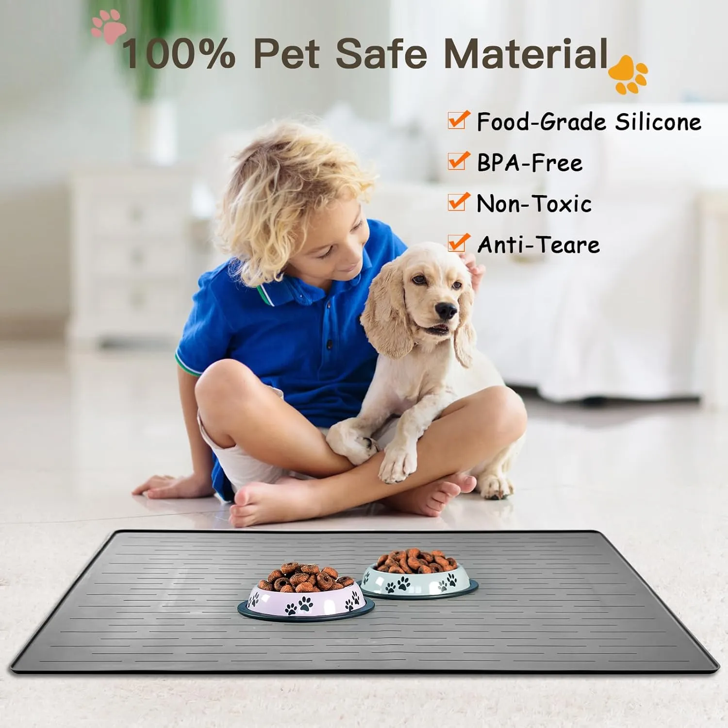 Largest Dog Food Mat, 39.5"x29.5" Silicone Dog and Cat Mat for Food and Water Bowls, Thinken Waterproof Non-Slip XXXL Pet Feeding Mat for Floors (Grayish White)