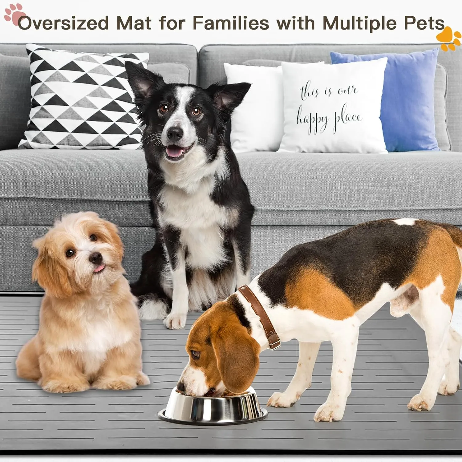 Largest Dog Food Mat, 39.5"x29.5" Silicone Dog and Cat Mat for Food and Water Bowls, Thinken Waterproof Non-Slip XXXL Pet Feeding Mat for Floors (Grayish White)