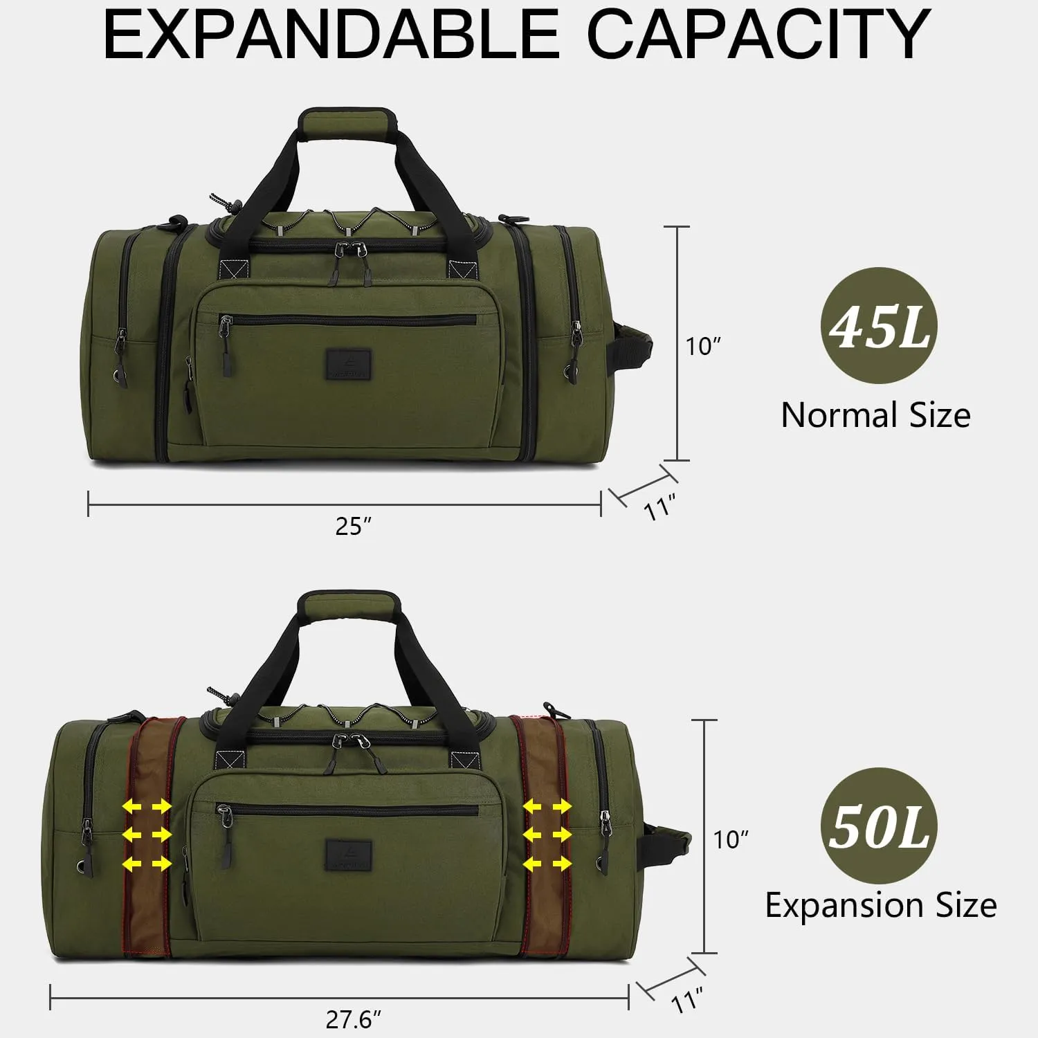 Laripwit Travel Duffle Bag Men with Elastic Mesh Expandable 45-50L Medium Sports Gym Duffel Bag Women with shoulder Strap Multifunctional for Fitness Weekender Overnight Traveling Business Trips Green