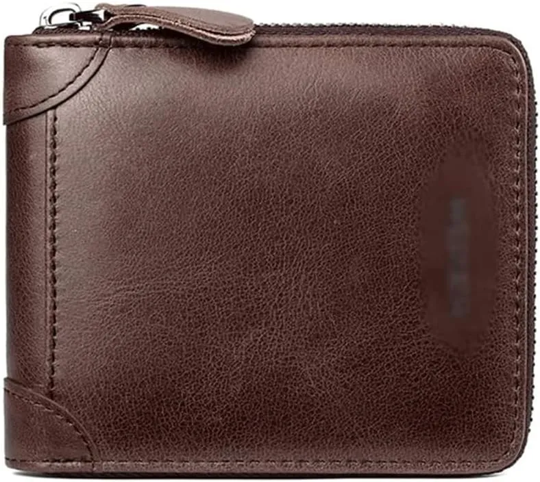 Leather Wallet Pu Leather Zipper Wallet Large Capacity Short Thin Purse Clutch for Men and Women Photo Clip Bank Card Holder Coin Pocket Large Capacity (Brown,12x11cm)
