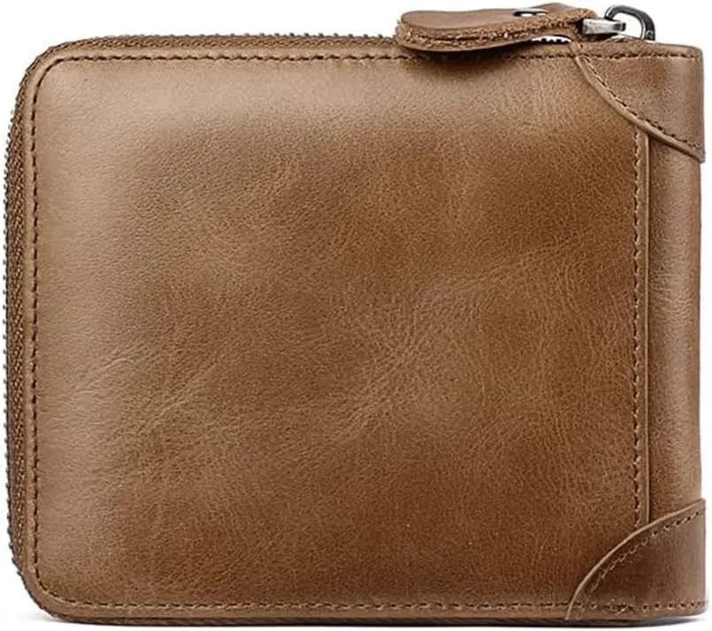 Leather Wallet Pu Leather Zipper Wallet Large Capacity Short Thin Purse Clutch for Men and Women Photo Clip Bank Card Holder Coin Pocket Large Capacity (Brown,12x11cm)