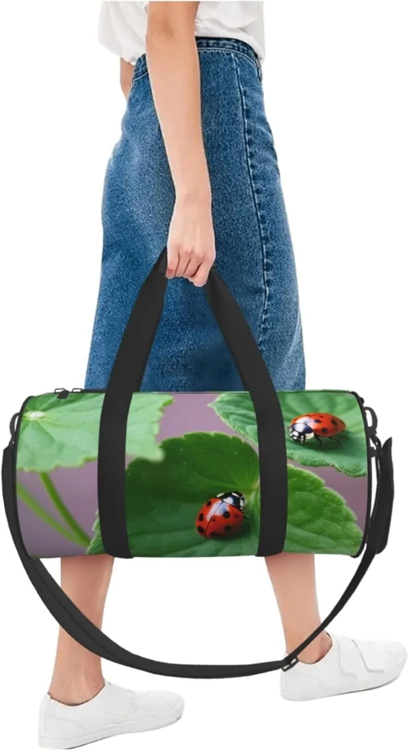 Leaves and Ladybugs Printed Travel Bag,Round Personal Item Storage bag,Foldie Duffel Bag for Traveling Vacation,Fitness,Sports