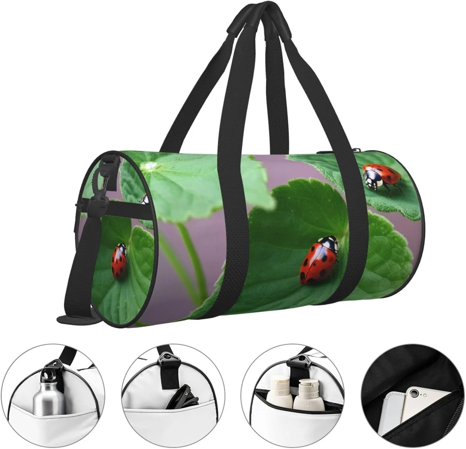 Leaves and Ladybugs Printed Travel Bag,Round Personal Item Storage bag,Foldie Duffel Bag for Traveling Vacation,Fitness,Sports