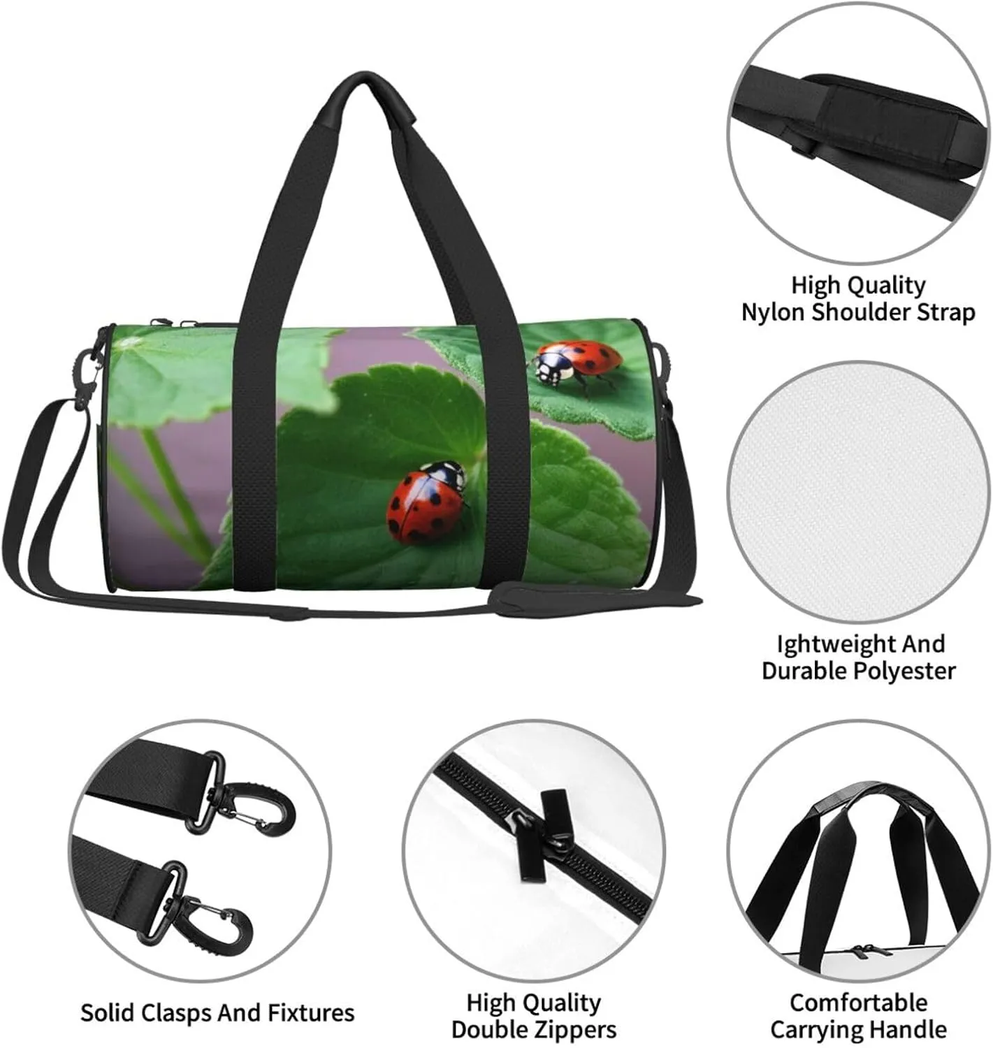Leaves and Ladybugs Printed Travel Bag,Round Personal Item Storage bag,Foldie Duffel Bag for Traveling Vacation,Fitness,Sports