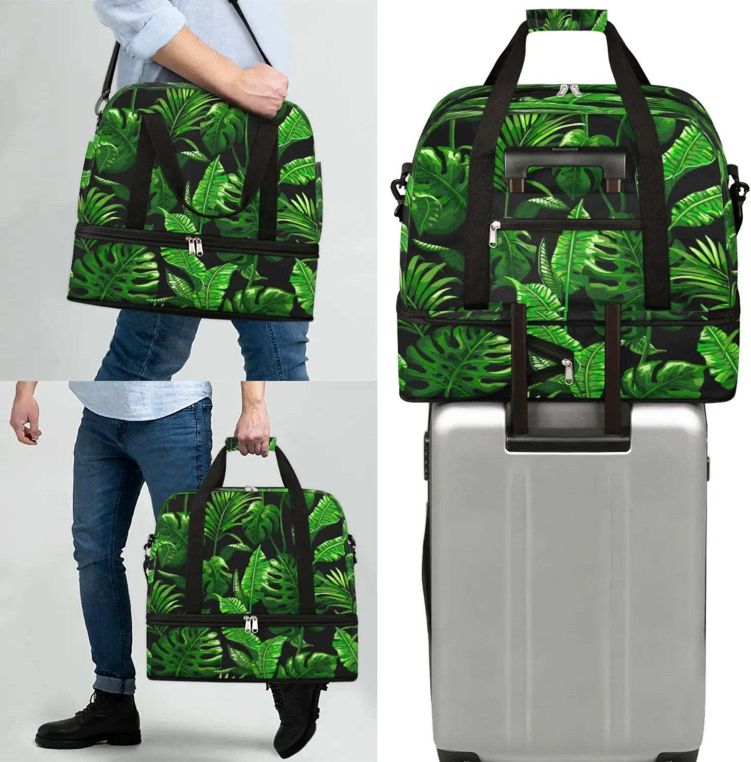 Leaves Leaf Theme Sports Gym Bag with Shoes Compartment Foldable Travel Duffel Bag Dry Wet Separated Sports Tote Workout Weekender Overnight Bag for Women Yoga Dance Work Training Handbag