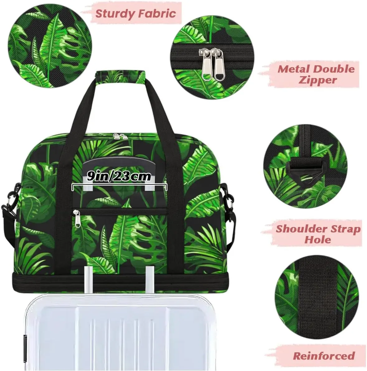 Leaves Leaf Theme Sports Gym Bag with Shoes Compartment Foldable Travel Duffel Bag Dry Wet Separated Sports Tote Workout Weekender Overnight Bag for Women Yoga Dance Work Training Handbag