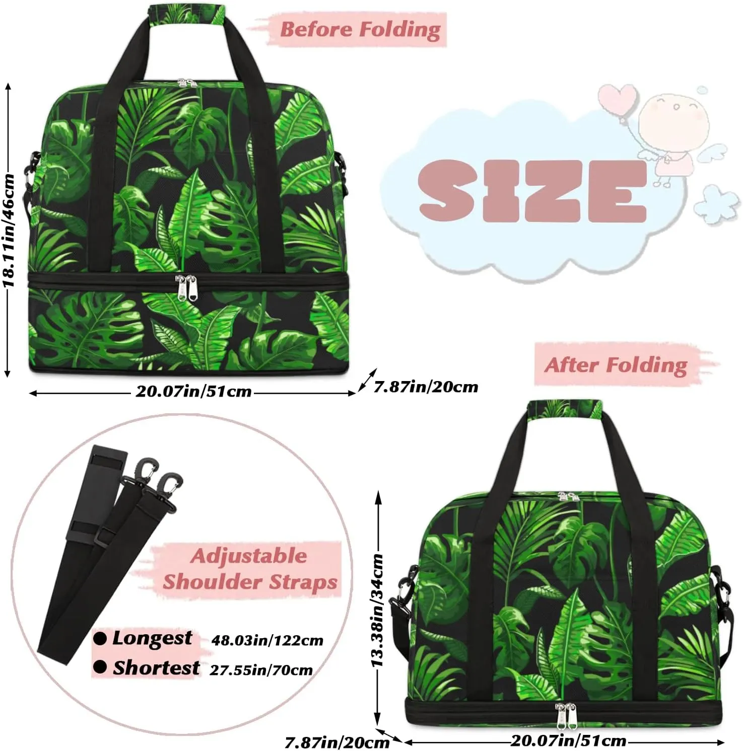 Leaves Leaf Theme Sports Gym Bag with Shoes Compartment Foldable Travel Duffel Bag Dry Wet Separated Sports Tote Workout Weekender Overnight Bag for Women Yoga Dance Work Training Handbag