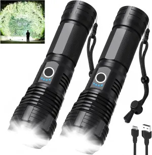 Led Flashlights 990000 Lumen High Lumens Rechargeable 2 Pack, Brightest Flash Light with 5 Modes & 18H Runtime, IPX7 Waterproof, Powerful Handheld Flashlights for Home Camping Hiking