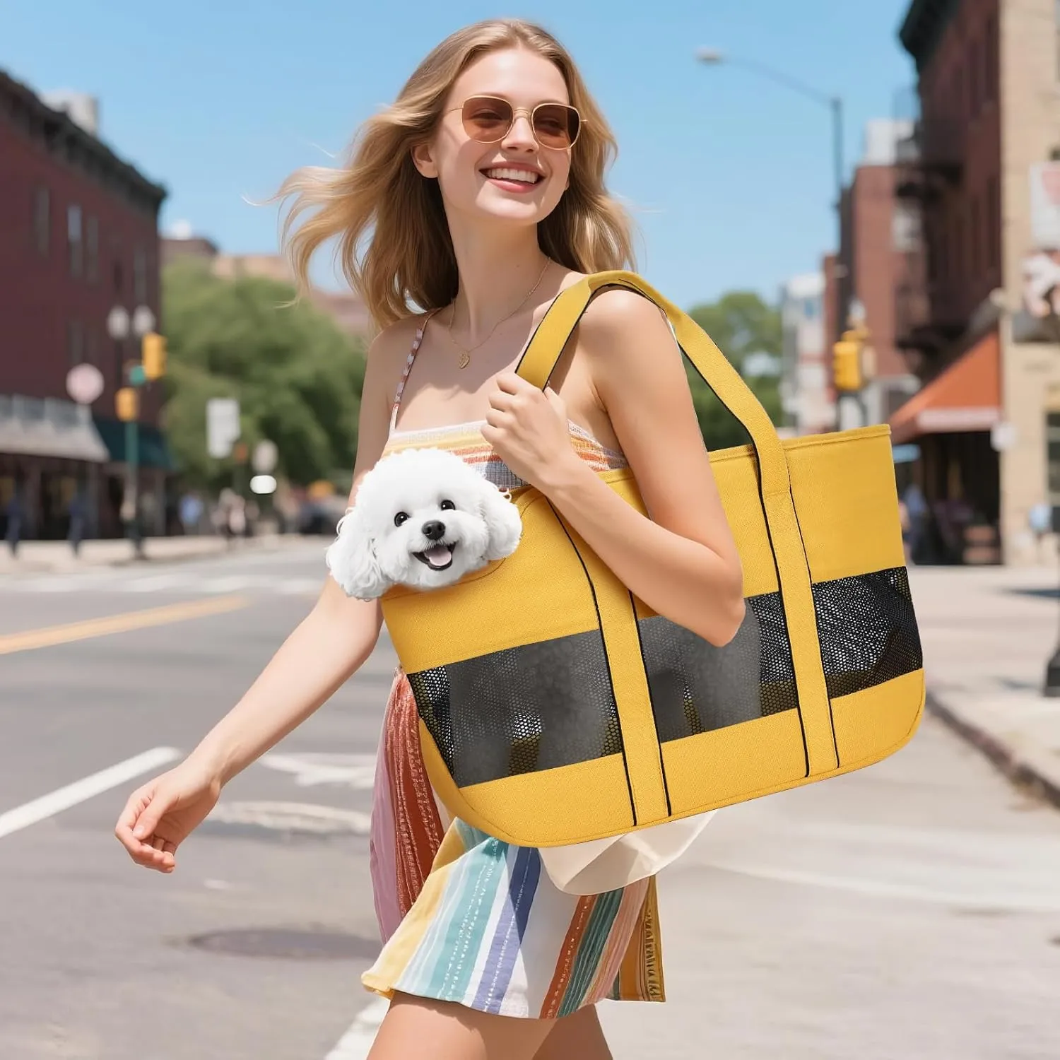 Lekereise Dog Purse Carrier for Small Dogs, Cats - Dog Carrier Purse with Secure Harness Clip, Dog Tote Bag Carrier, Large Space, Breathable Design(Yellow)