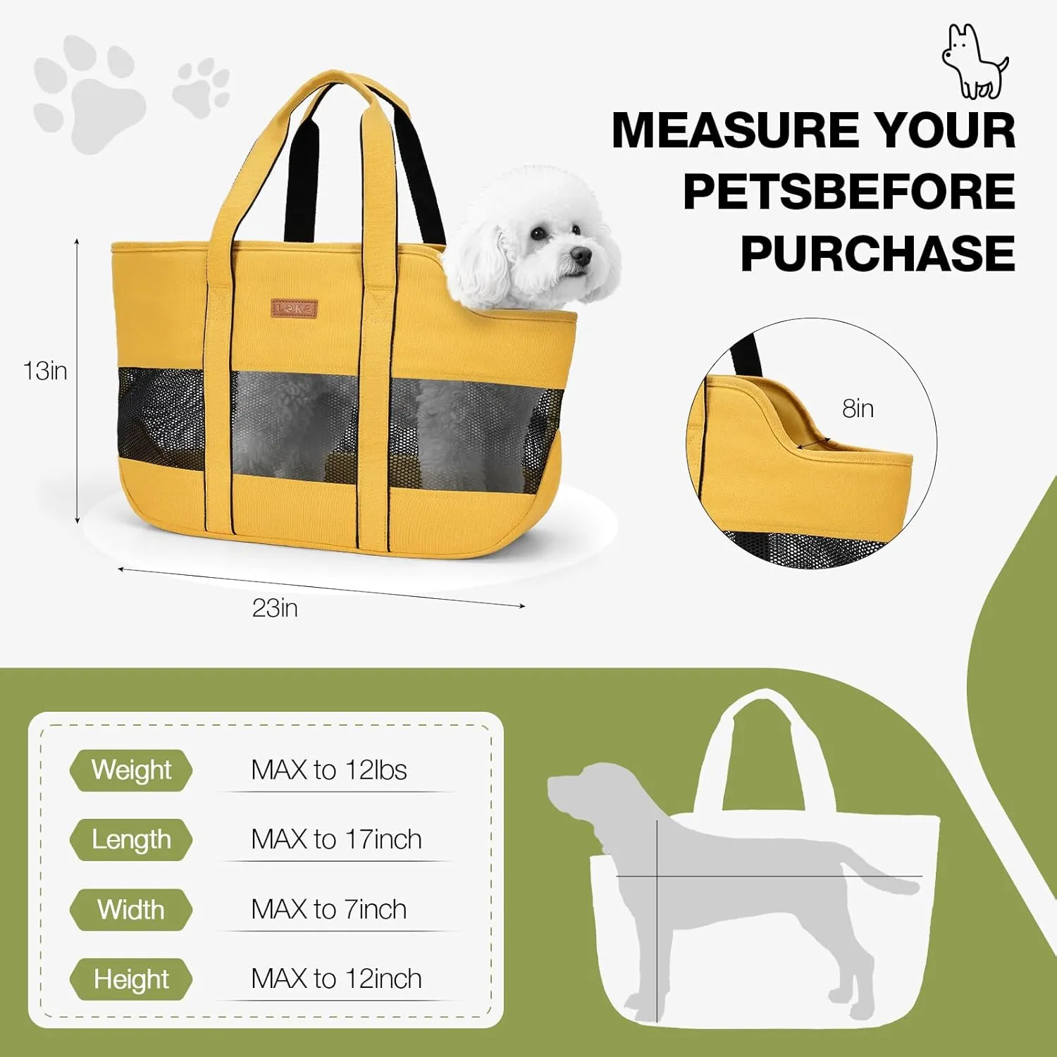 Lekereise Dog Purse Carrier for Small Dogs, Cats - Dog Carrier Purse with Secure Harness Clip, Dog Tote Bag Carrier, Large Space, Breathable Design(Yellow)
