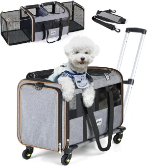 Lekereise Expandable Double Pet Carrier with Wheels - Large Rolling Carrier for 1 Large Cat/Dog or 2 Medium Cats, Telescopic Handle