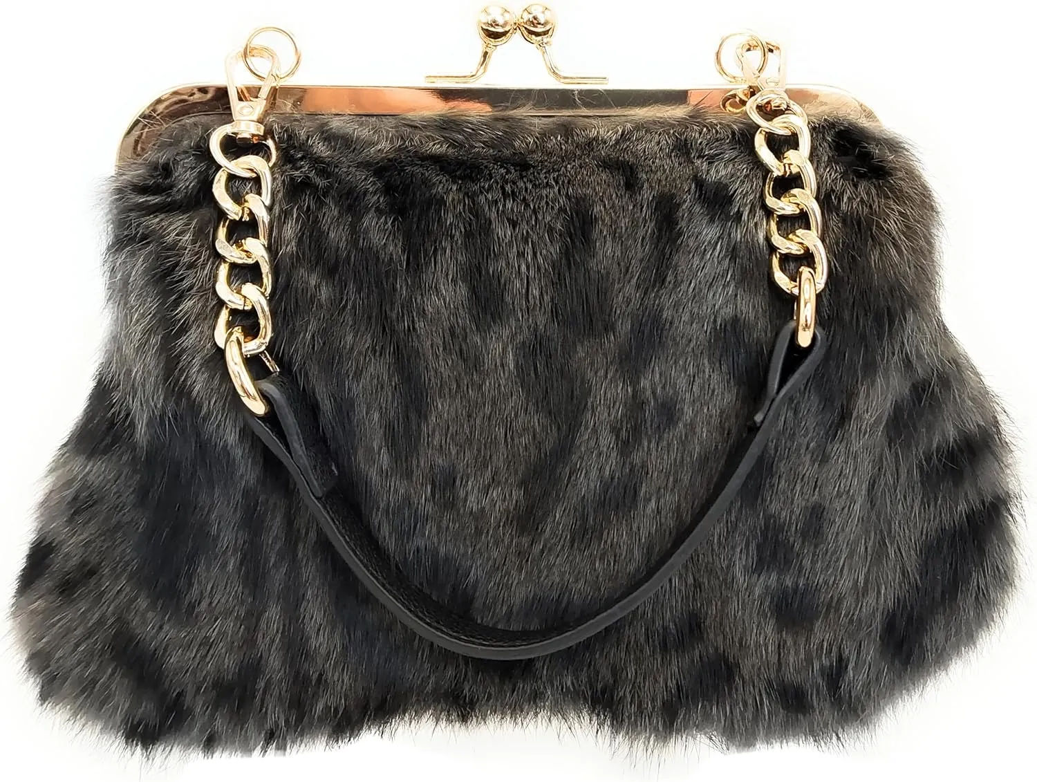 Leopard Print Rex Rabbit Fur Clutch with Gold Clasp and Dual Detachable Straps – Handheld or Shoulder Wear