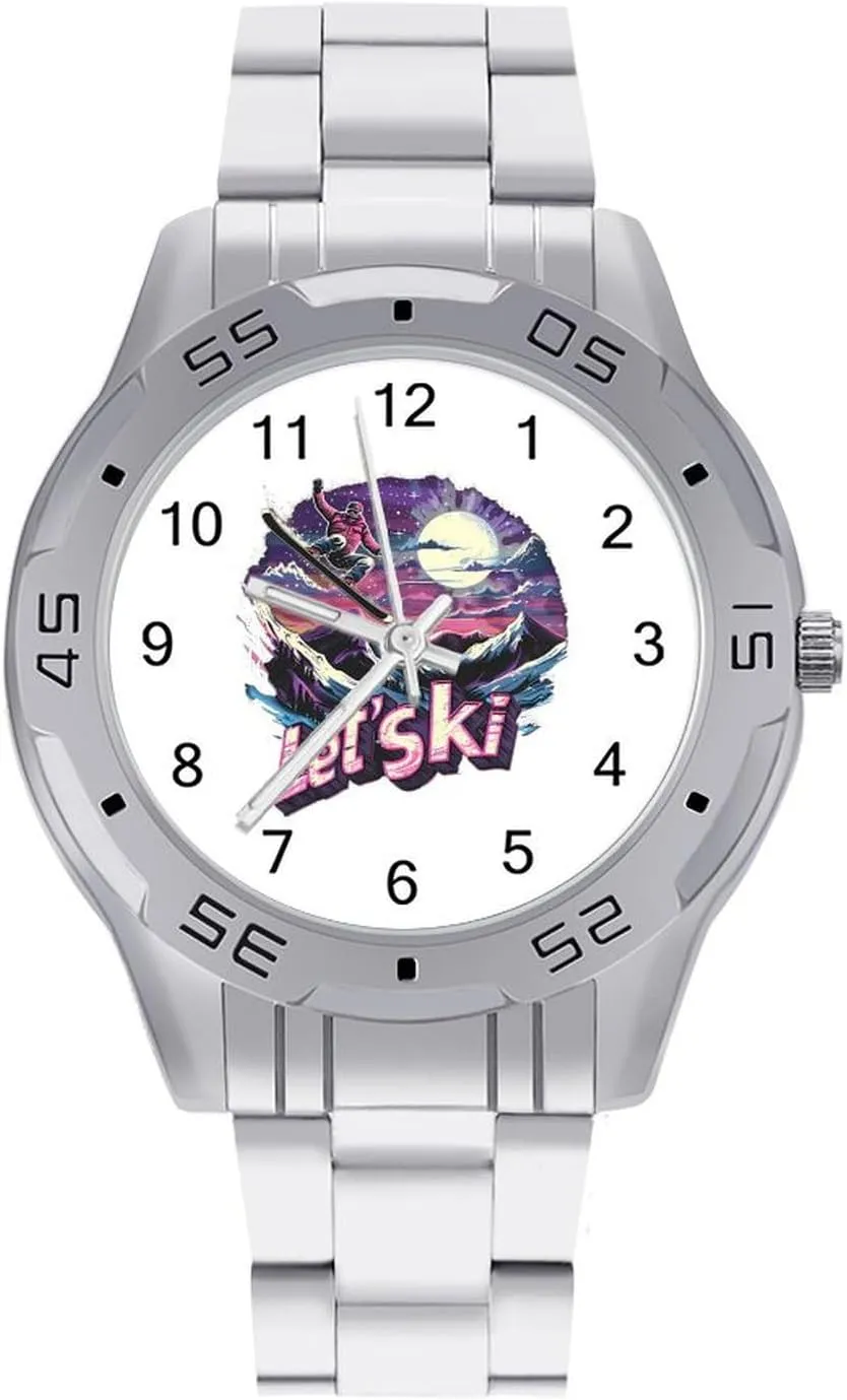 Let's Ski Vintage 80s 90s Skiing Simple Stainless Steel Band Business Watch Dress Wrist Unique Luxury Work Casual Waterproof Watches