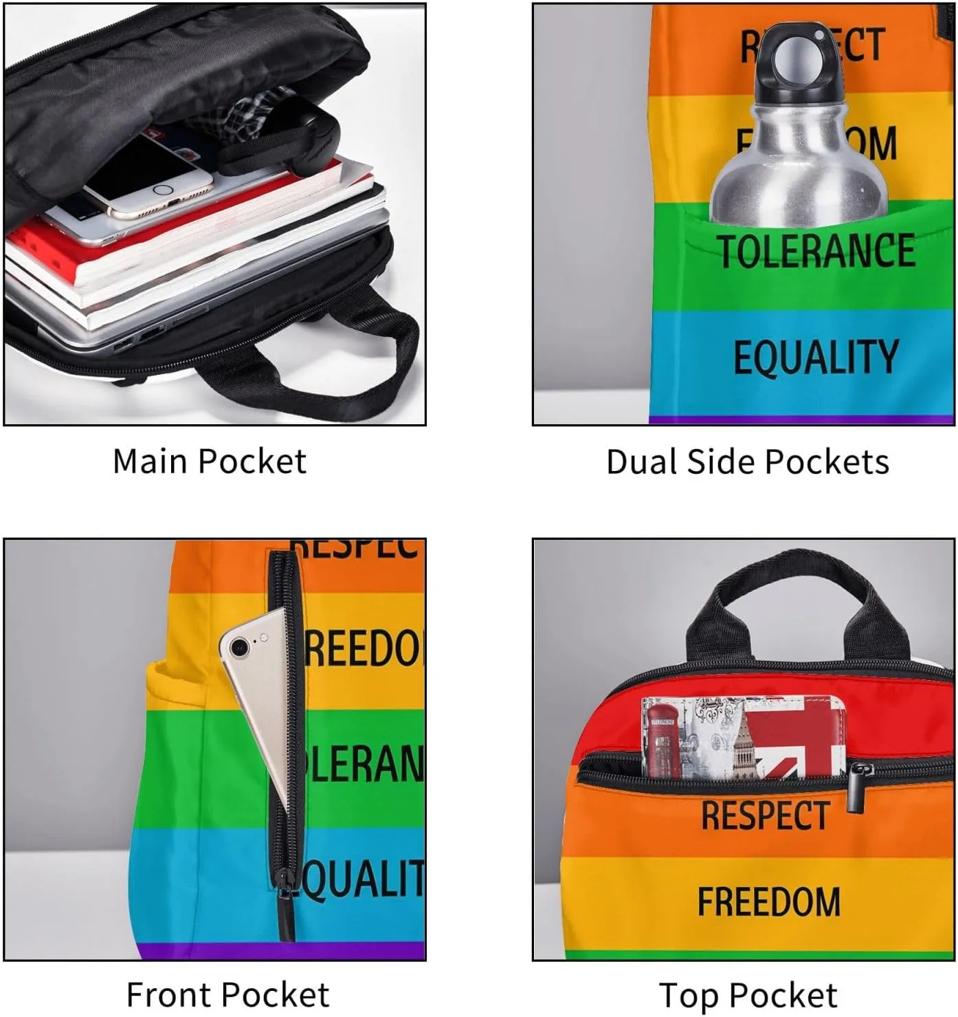 LGBT Rainbow Love Respect Freedom Tolerance Equality Pride Travel Laptop Backpack Casual Backpacks Double Shoulder Daypack Notebook Rucksack Work Bags Sports Bag for Hiking Camping Beach