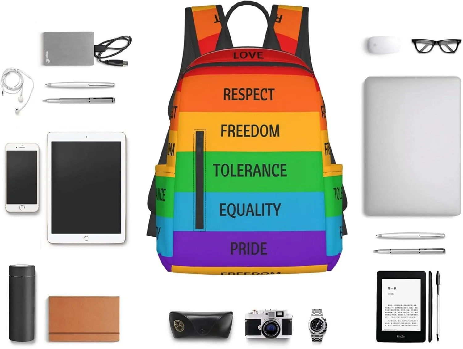 LGBT Rainbow Love Respect Freedom Tolerance Equality Pride Travel Laptop Backpack Casual Backpacks Double Shoulder Daypack Notebook Rucksack Work Bags Sports Bag for Hiking Camping Beach