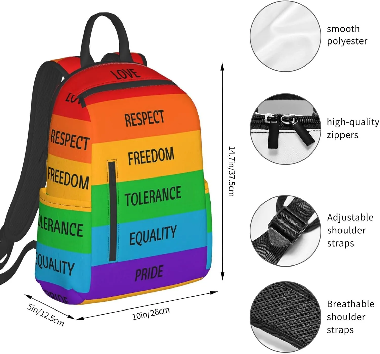 LGBT Rainbow Love Respect Freedom Tolerance Equality Pride Travel Laptop Backpack Casual Backpacks Double Shoulder Daypack Notebook Rucksack Work Bags Sports Bag for Hiking Camping Beach