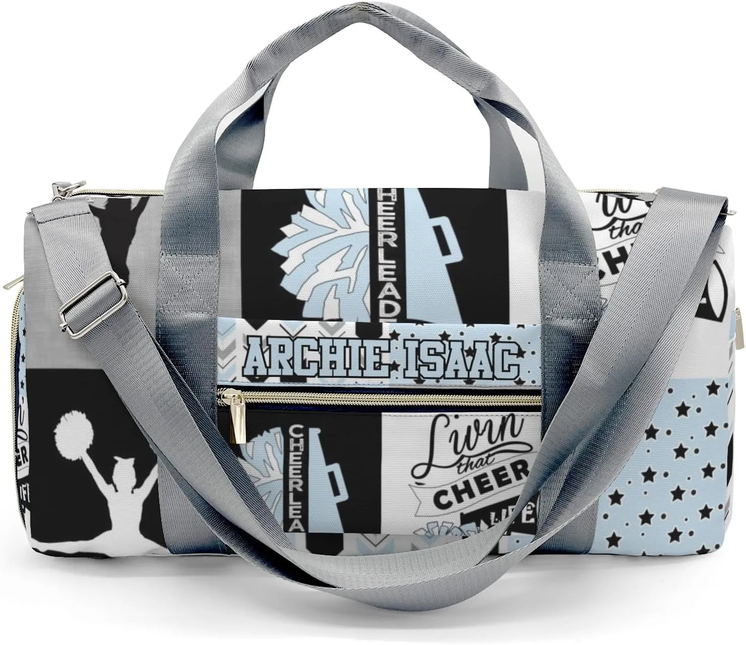 Light Blue I Love Cheer Cheerleader Personalized Sports Duffel Bags Customized Multi-Function Travel Bag Gym Bag Dance Ballet Overnight Weekend Duffel Bag