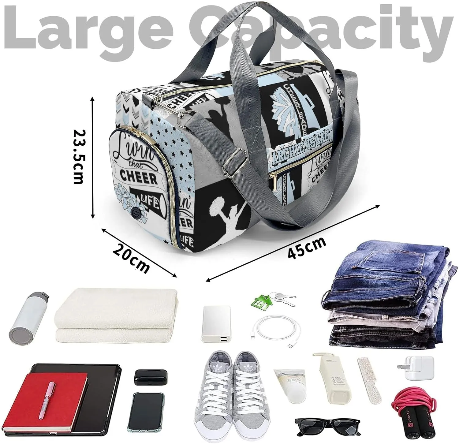 Light Blue I Love Cheer Cheerleader Personalized Sports Duffel Bags Customized Multi-Function Travel Bag Gym Bag Dance Ballet Overnight Weekend Duffel Bag