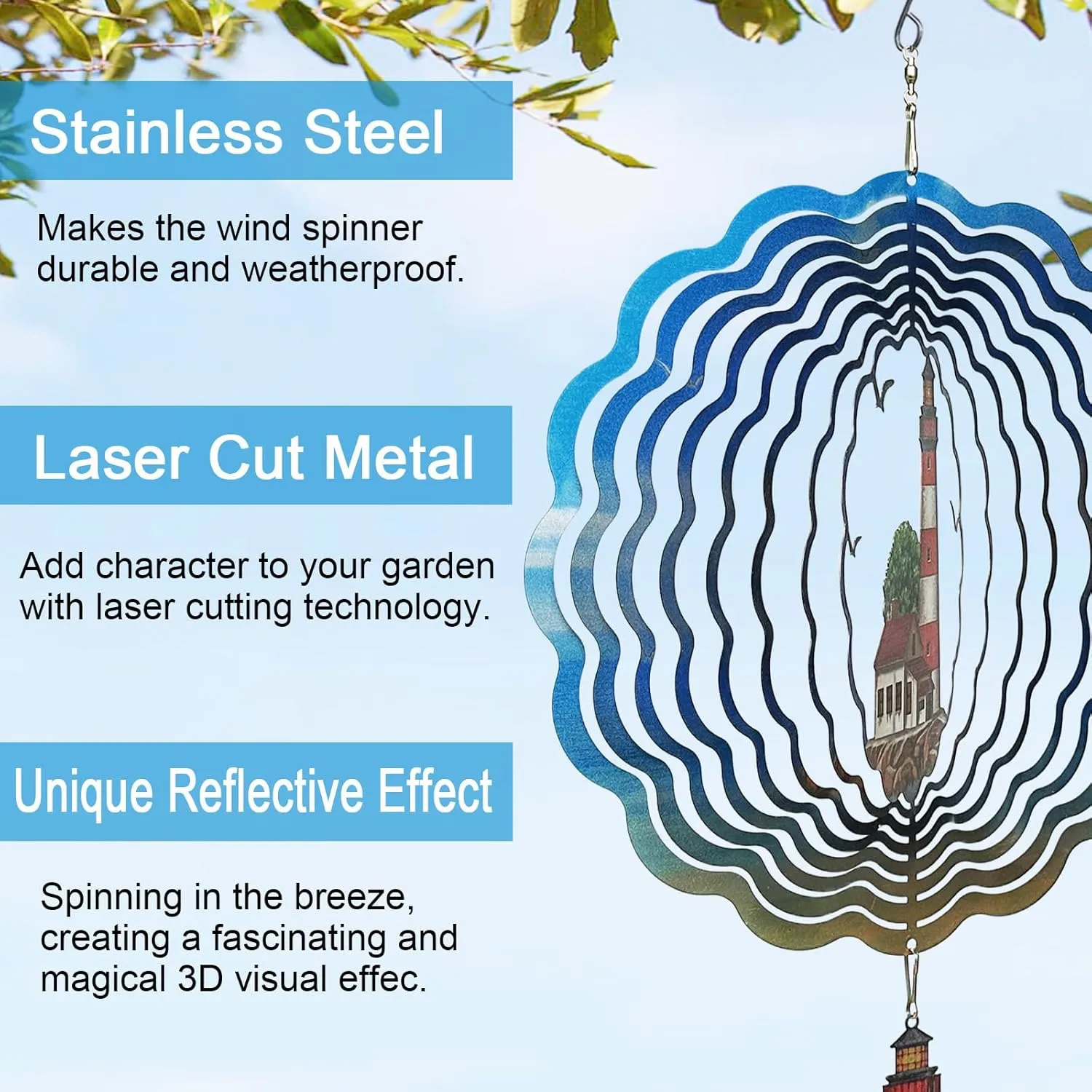 Lighthouse Wind Spinners,3D Stainless Steel Hanging Spinner,Garden Decorations, Wind Catchers Sculpture for Indoor, Outdoor Decor,Yard Art (Lighthouse)