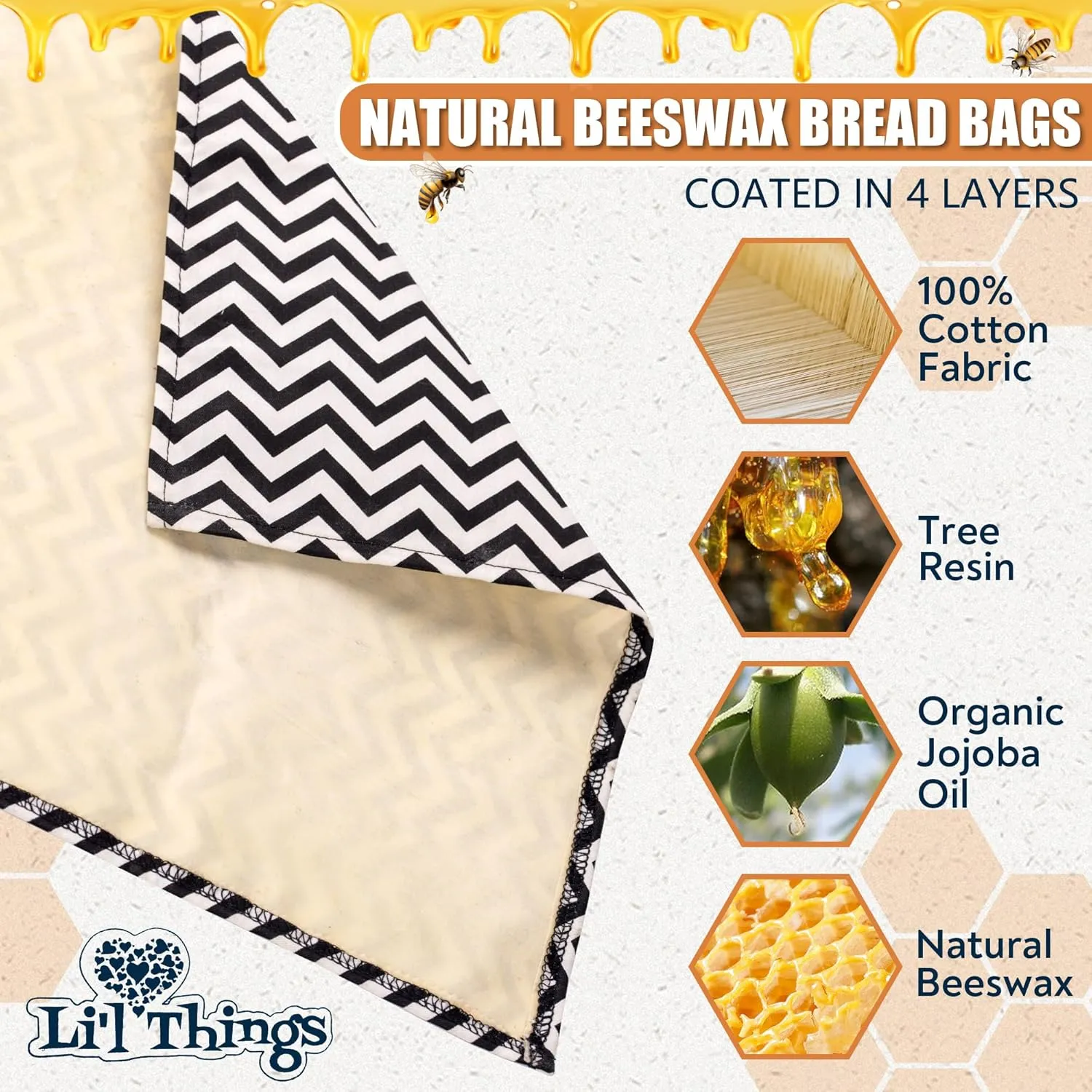 Li'l Things Eco-friendly Reusable Beeswax Bread bags | Improved Beeswax Coating | Set of 2 Sizes | 13'x13' & 15’x 9’ | 6 Different Themes | Great for Home-Baked Store Bought Bread | Black Zig Zag
