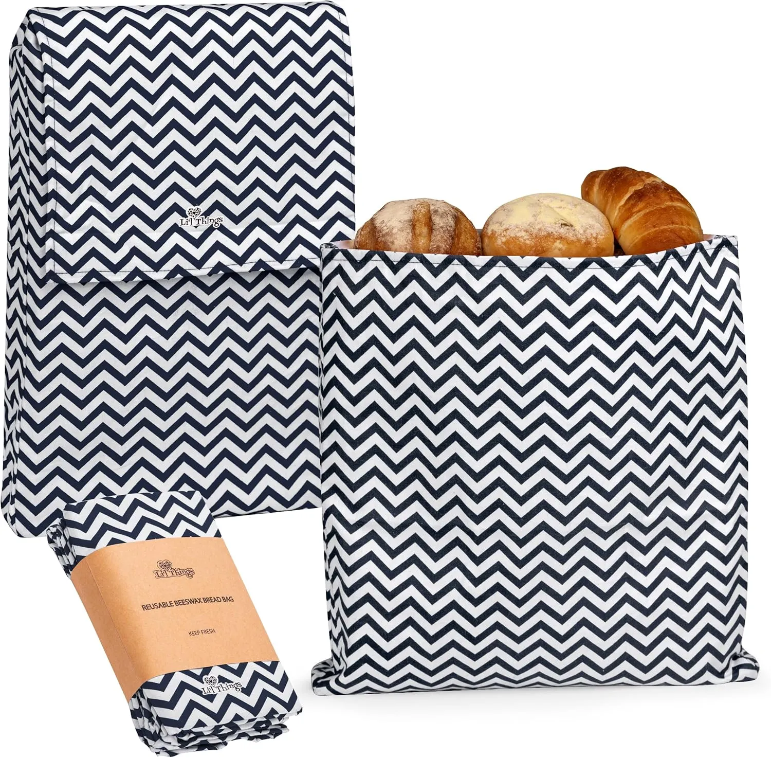 Li'l Things Eco-friendly Reusable Beeswax Bread bags | Improved Beeswax Coating | Set of 2 Sizes | 13'x13' & 15’x 9’ | 6 Different Themes | Great for Home-Baked Store Bought Bread | Black Zig Zag