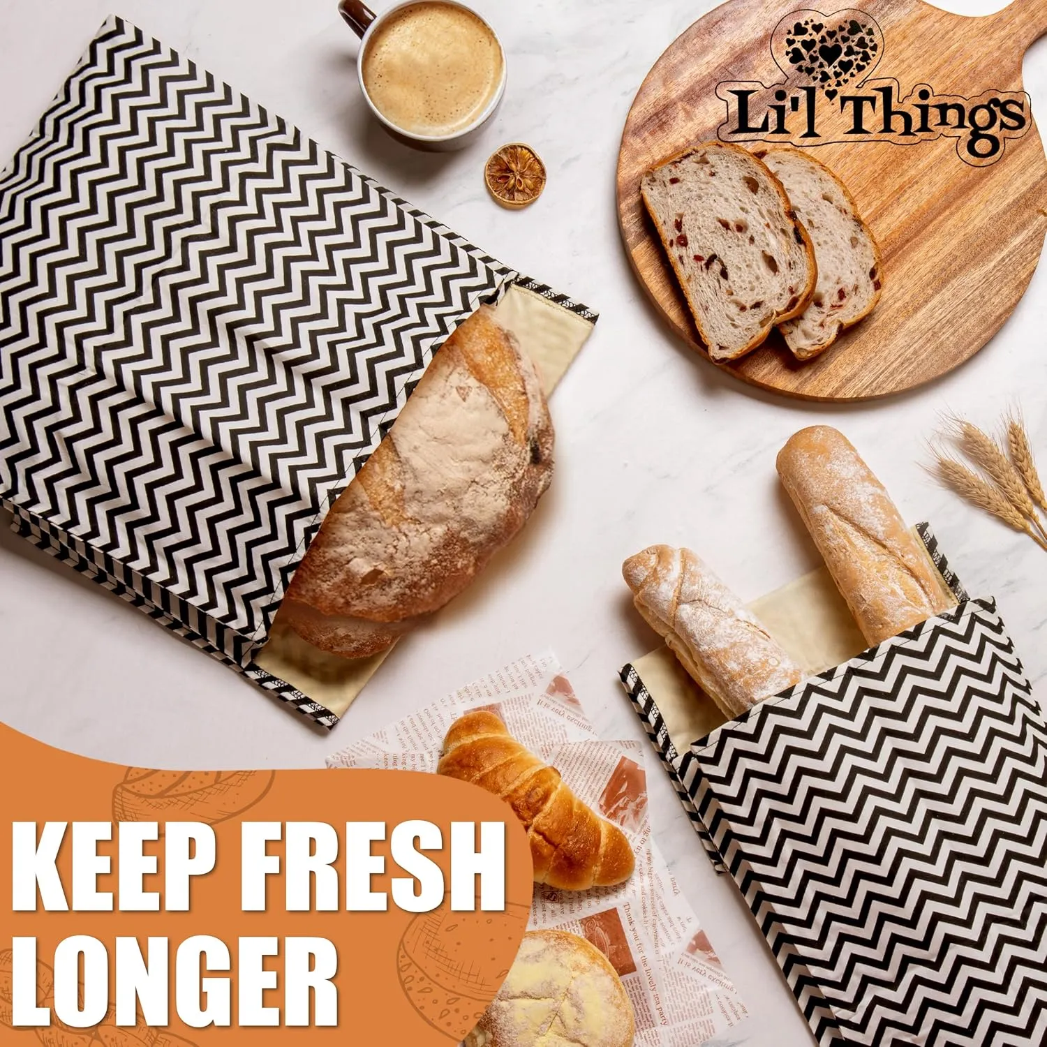 Li'l Things Eco-friendly Reusable Beeswax Bread bags | Improved Beeswax Coating | Set of 2 Sizes | 13'x13' & 15’x 9’ | 6 Different Themes | Great for Home-Baked Store Bought Bread | Black Zig Zag